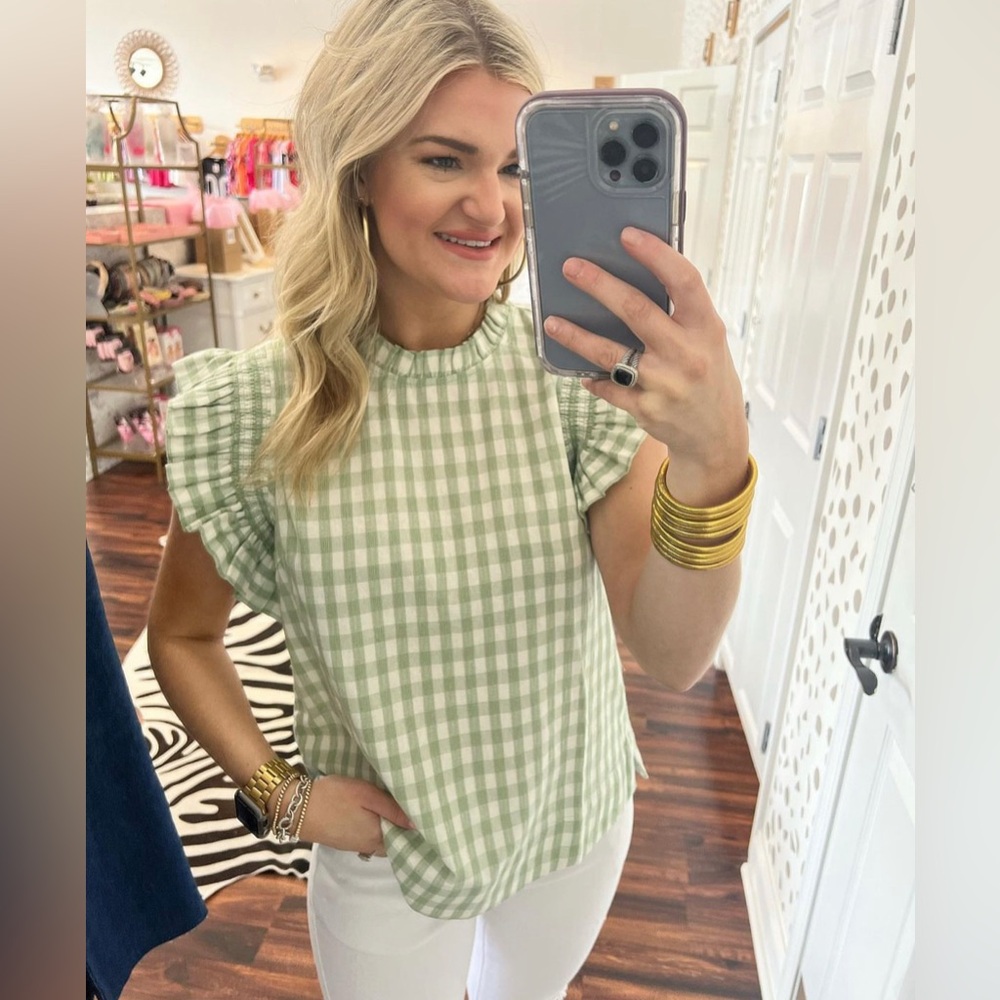 Green Gingham flutter sleeve top
